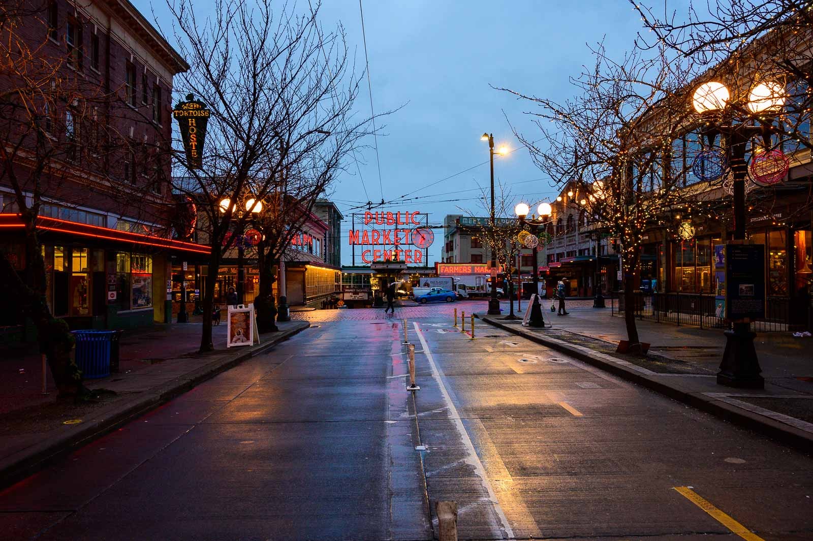 Looking down Pike Street to Pike Place Market on a rainy early winter morning