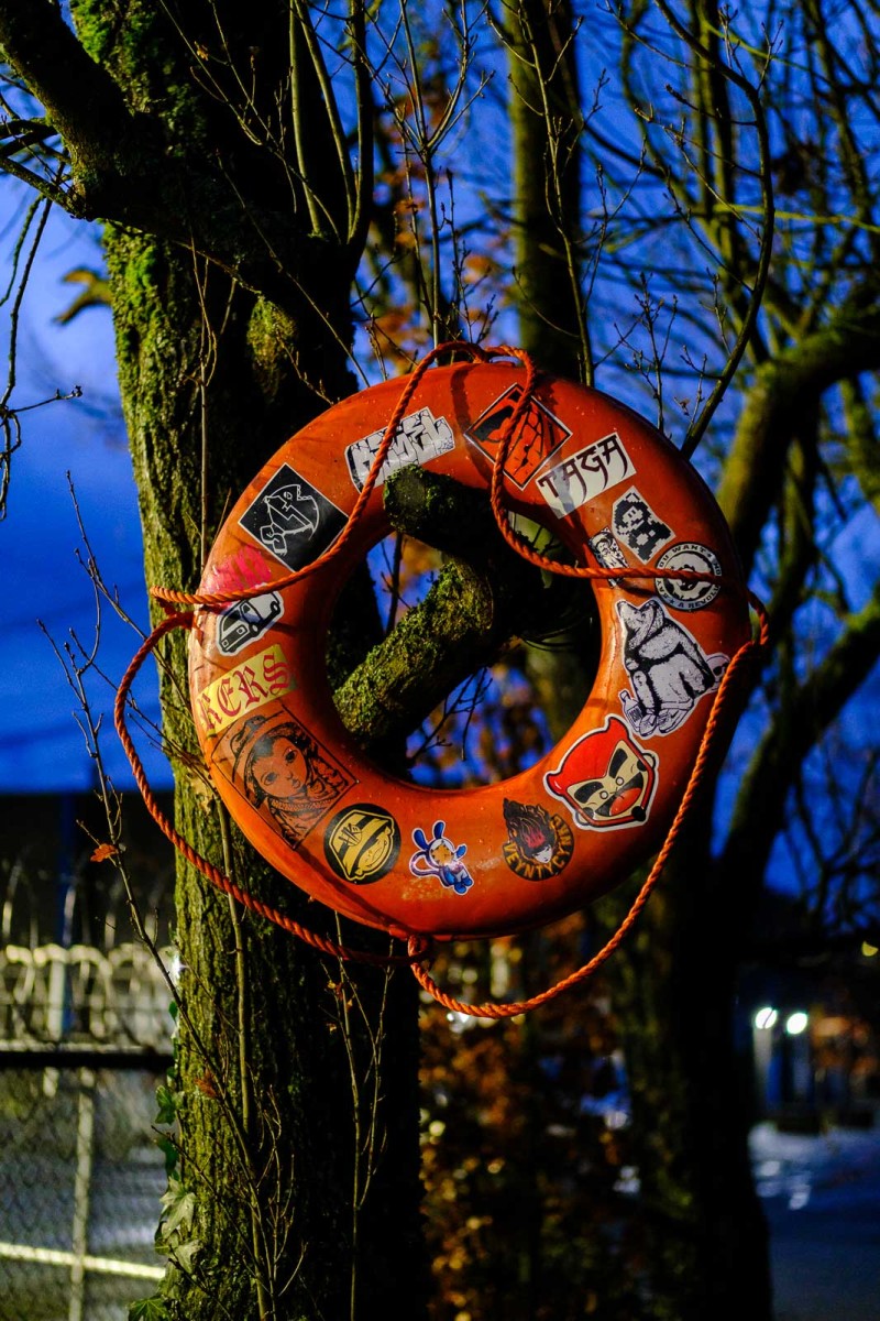 Orange life preserver covered in decals hanging from a tree