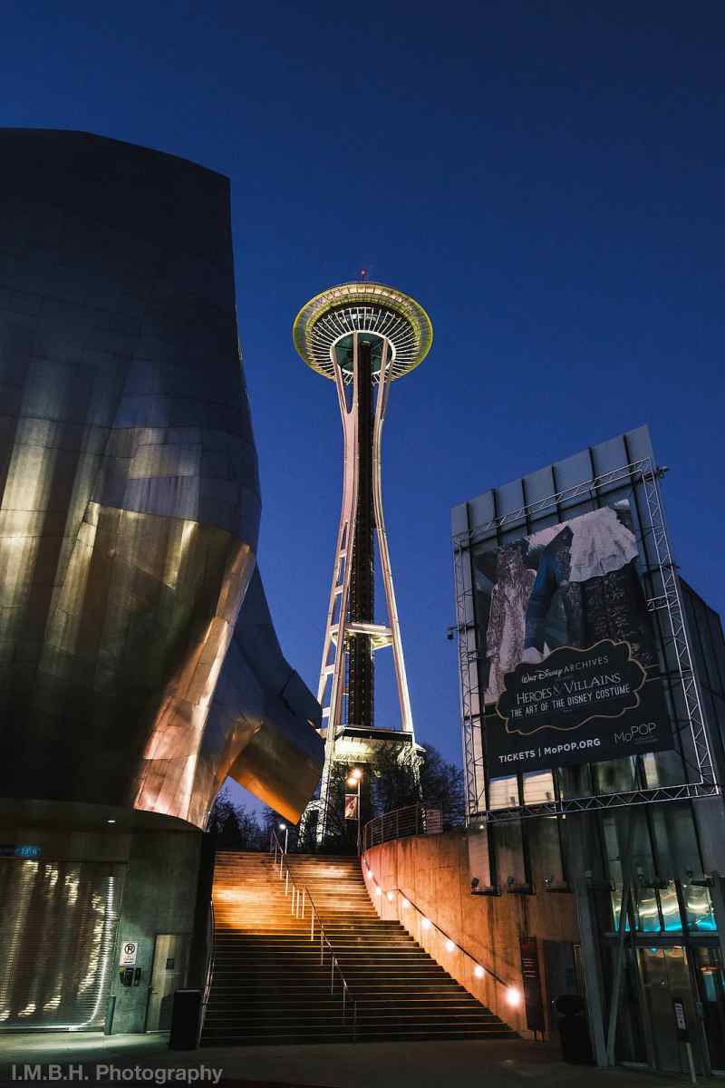 The Space Needle framed by the MoPop Museum and