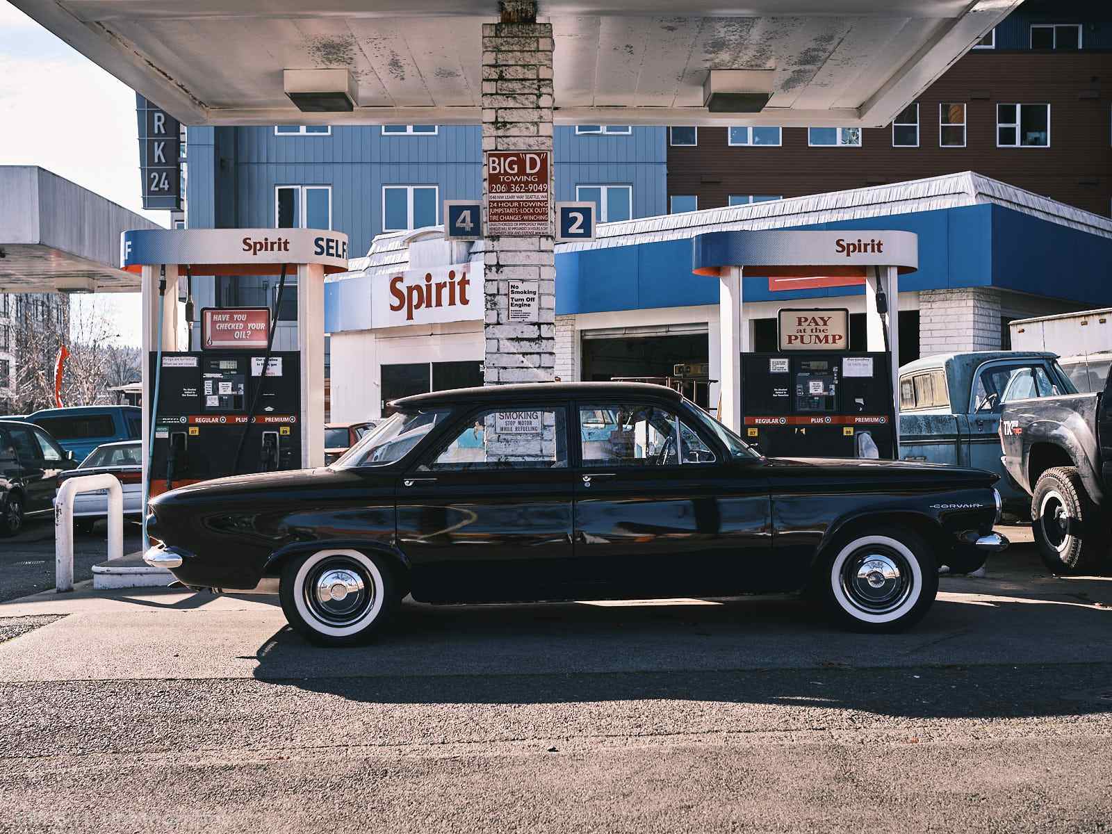 Corvair at vintage service station Corvair at vintage service station