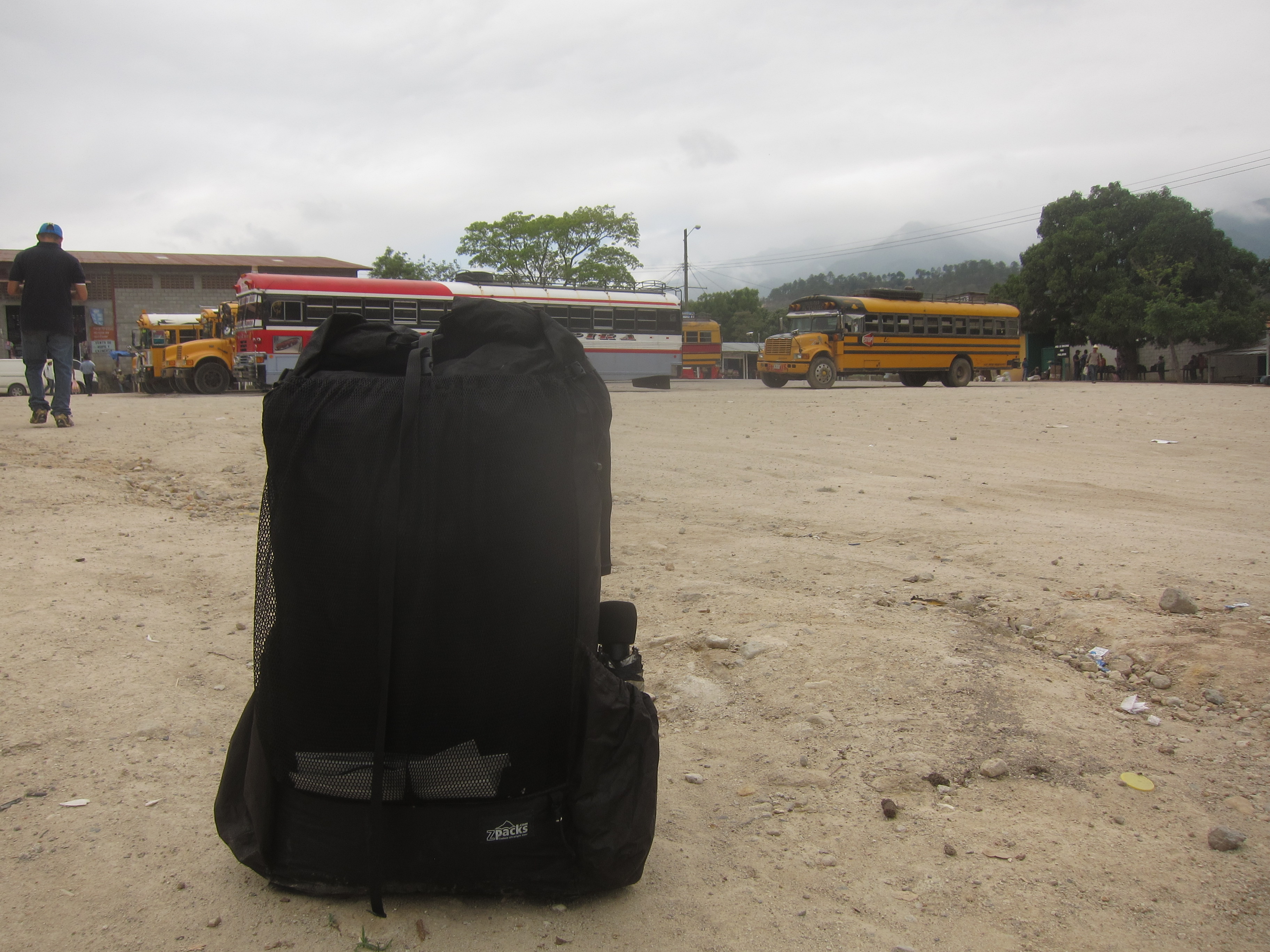 backpack at bus station in gracias honduras backpack at a bus station in Gracias, Honduras