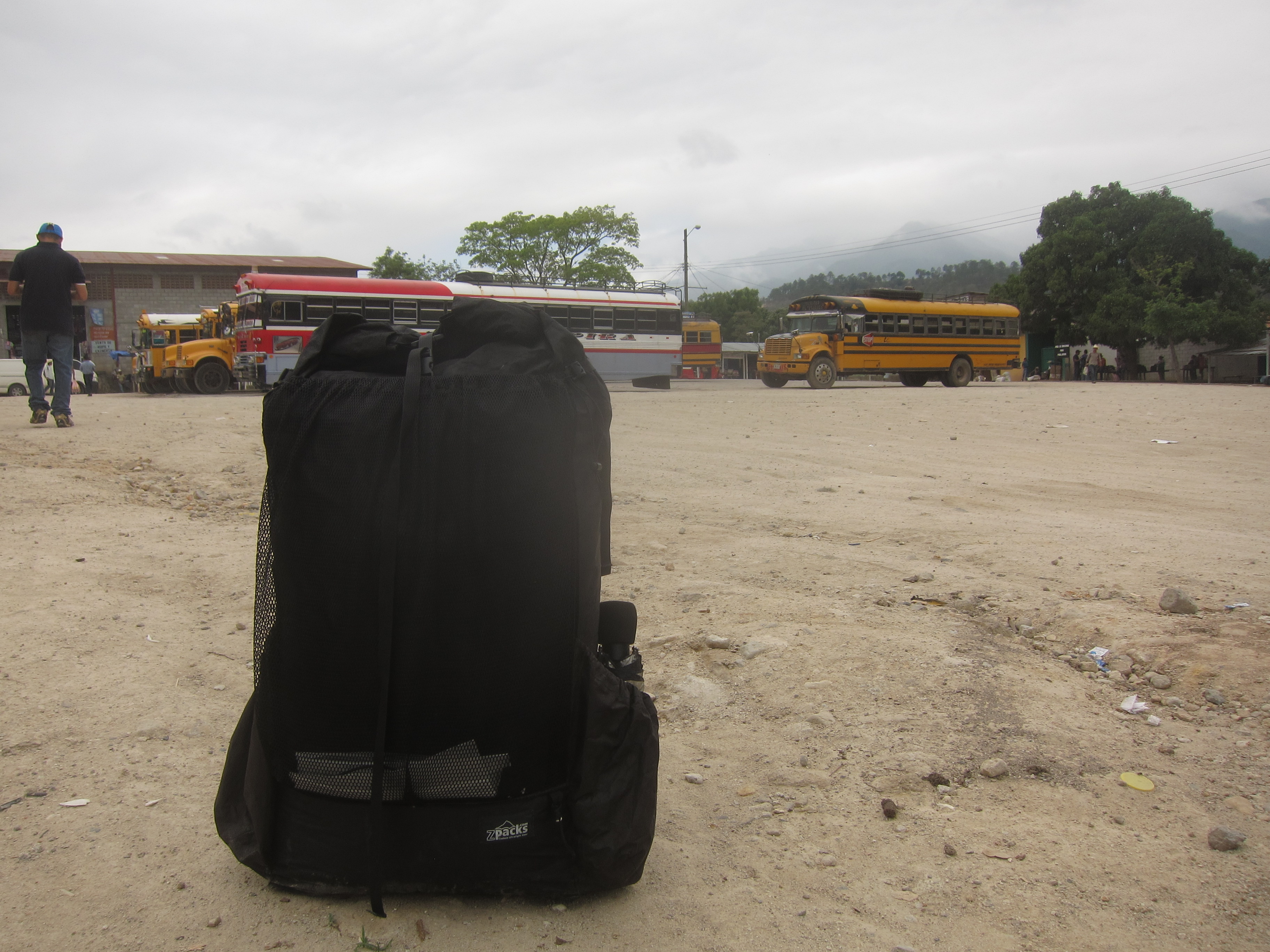 backpack at a bus station in Gracias, Honduras