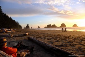 a man sitting by a campfire, watching the sunset over the Pacific Ocean