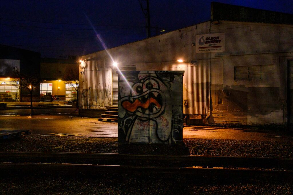 A dumpster with a strange creature painted on it, dark early morning in an empty lot